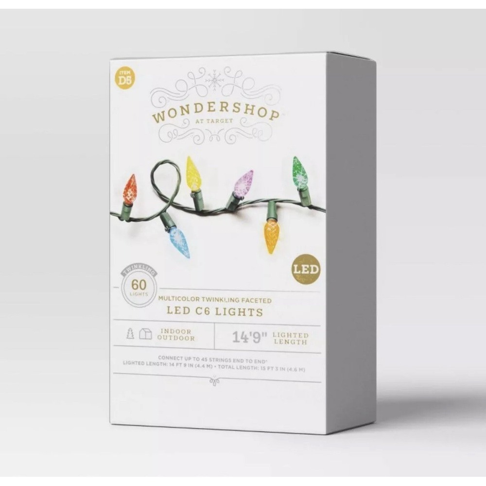 Wondershop 60 LED Faceted C6 Christmas String Lights/Twinkling/Multi-color - NEW